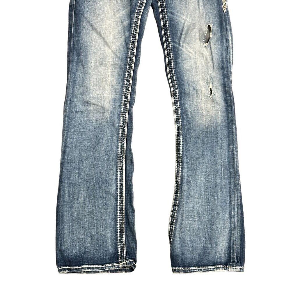 Rock Revival Lanlan Bootcut 27 Jeans Swarovski Leather Insert Faux Flap Pocket - Picture 8 of 16